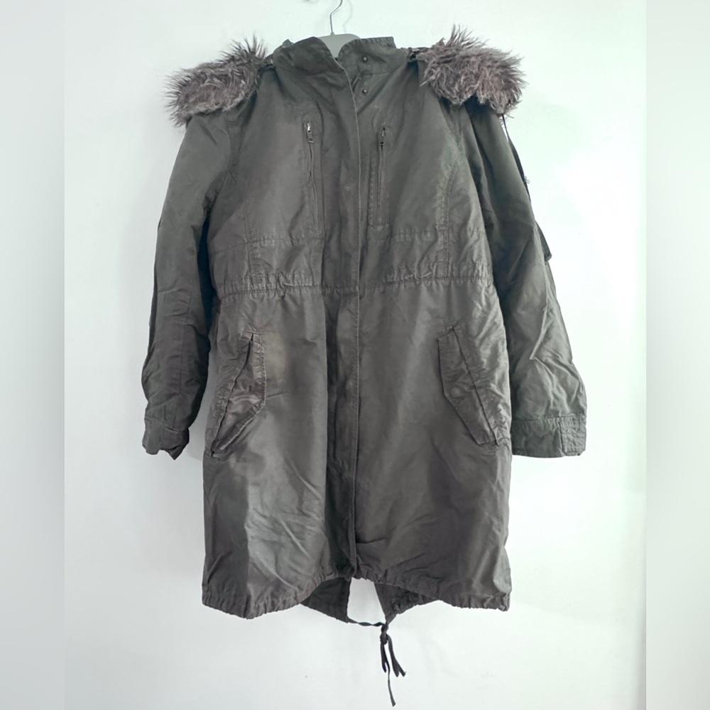 French Connection Khaki Parka with Removable Fur Trim Hood and Inner Lining